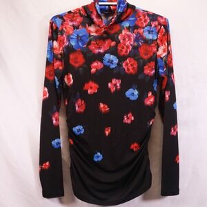 Boston Proper Womens S Floral Print Turtleneck Ruched Long Sleeve‎ Stretch Pink